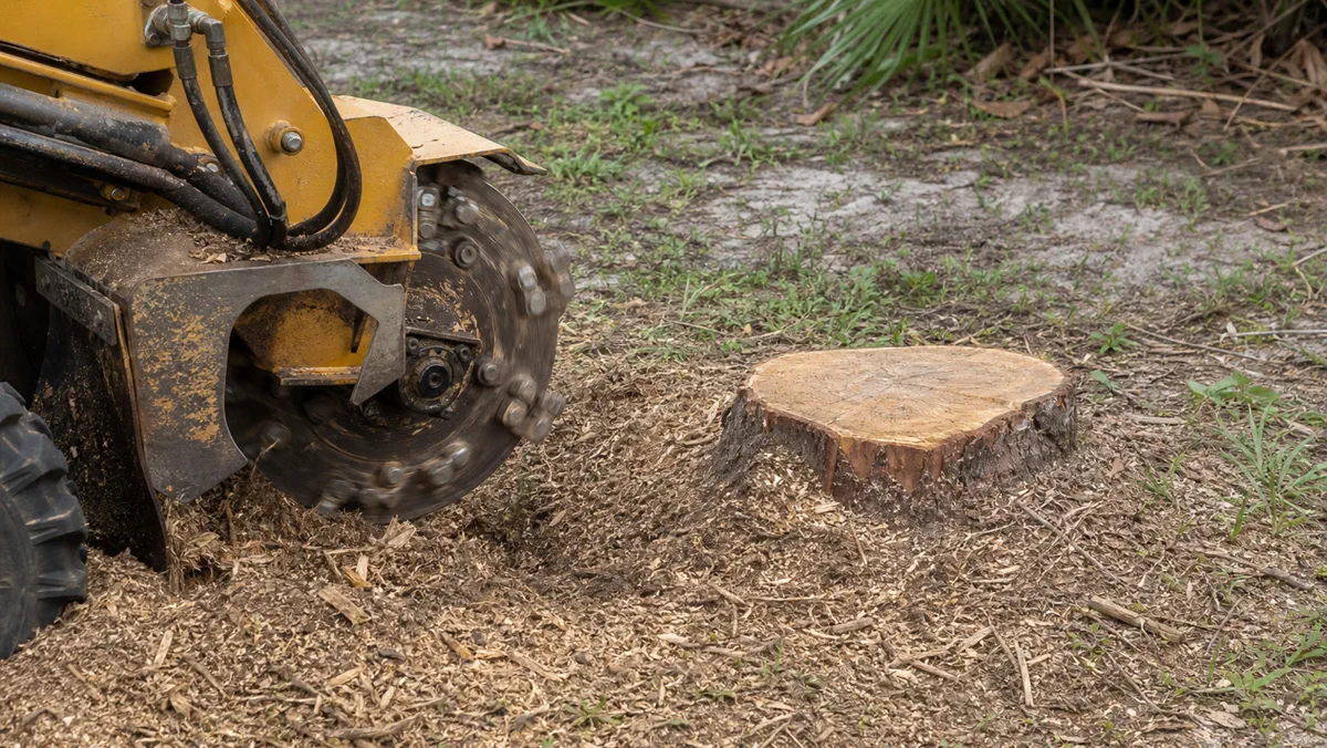 Close view of wood chips and grinding work around a Brevard County stump