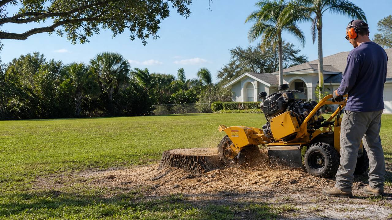 Stump grinder removing a tree stump in a Melbourne Florida residential yard