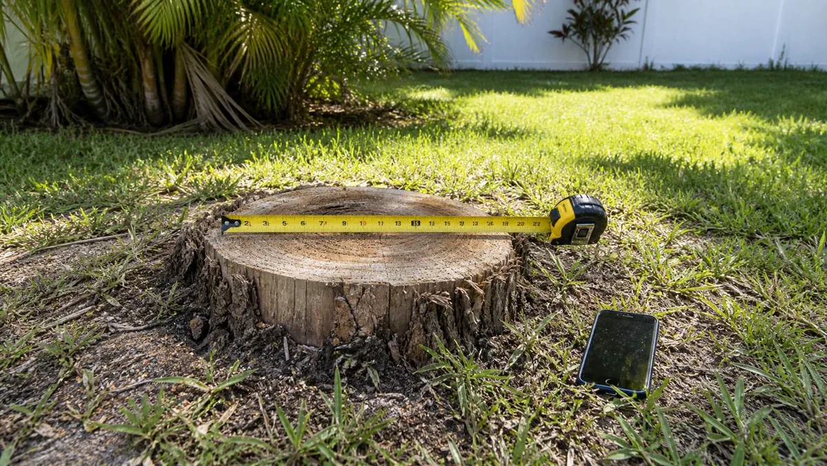 Tape measure across a stump before grinding in a Brevard County yard